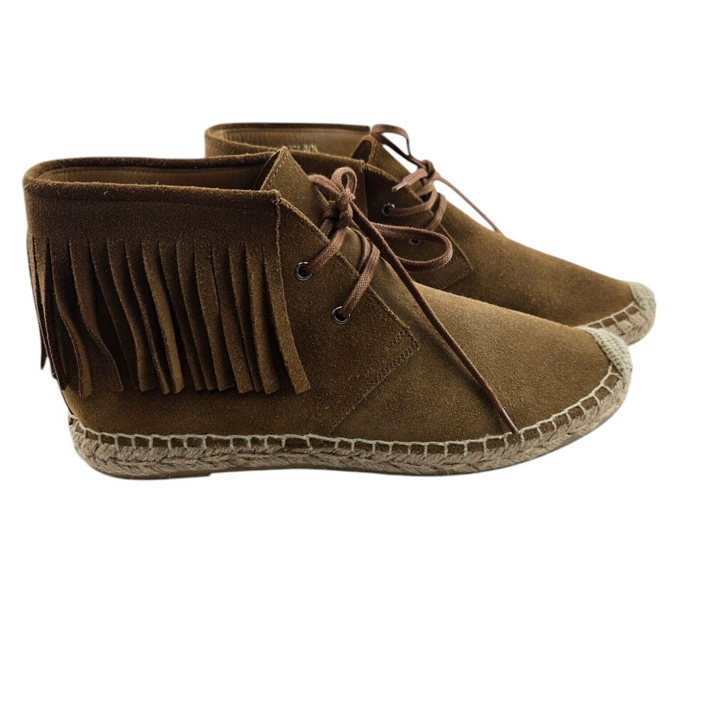 Saint Laurent Suede Fringe Espadrille Ankle Booties 7.5 37.5 Tan Designer Boho